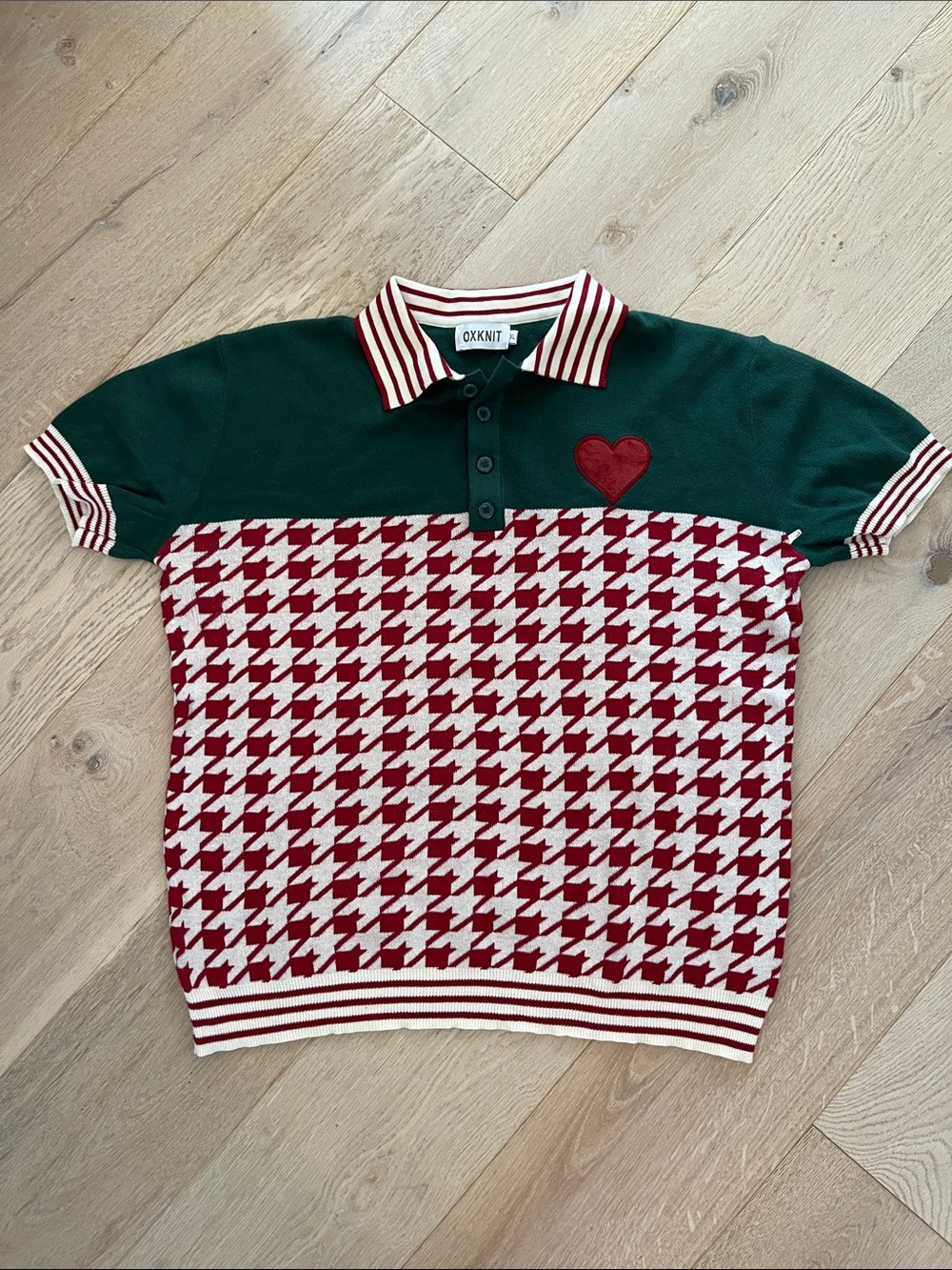 OXKNIT Mens Vintage Style Green & Red Houndstooth Short-Sleeve Polo Size  XL